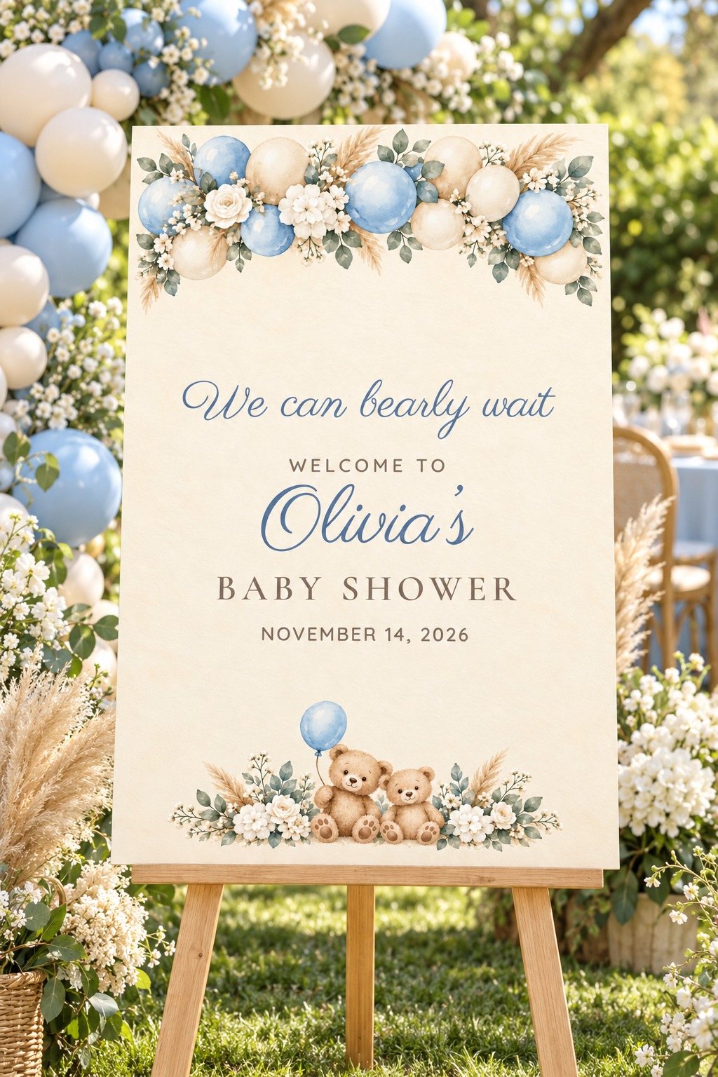 We Can Bearly Wait Balloon Garland baby shower welcome sign on an easel