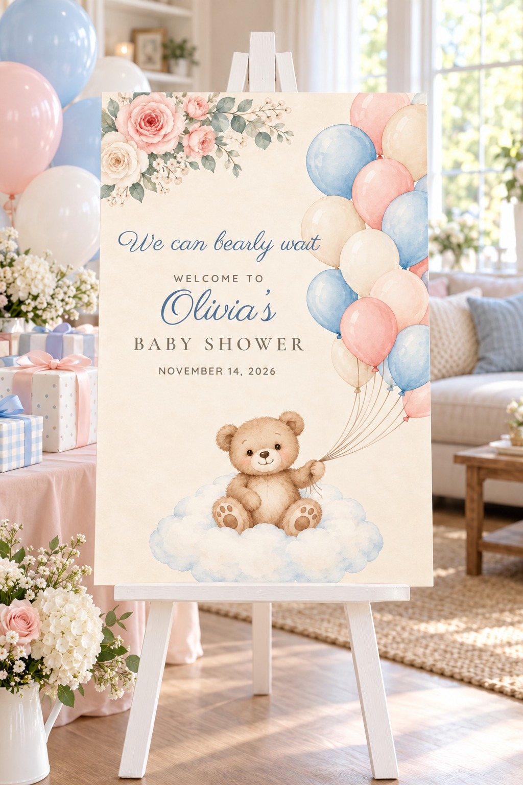 We Can Bearly Wait Bear on a Cloud baby shower welcome sign on an easel