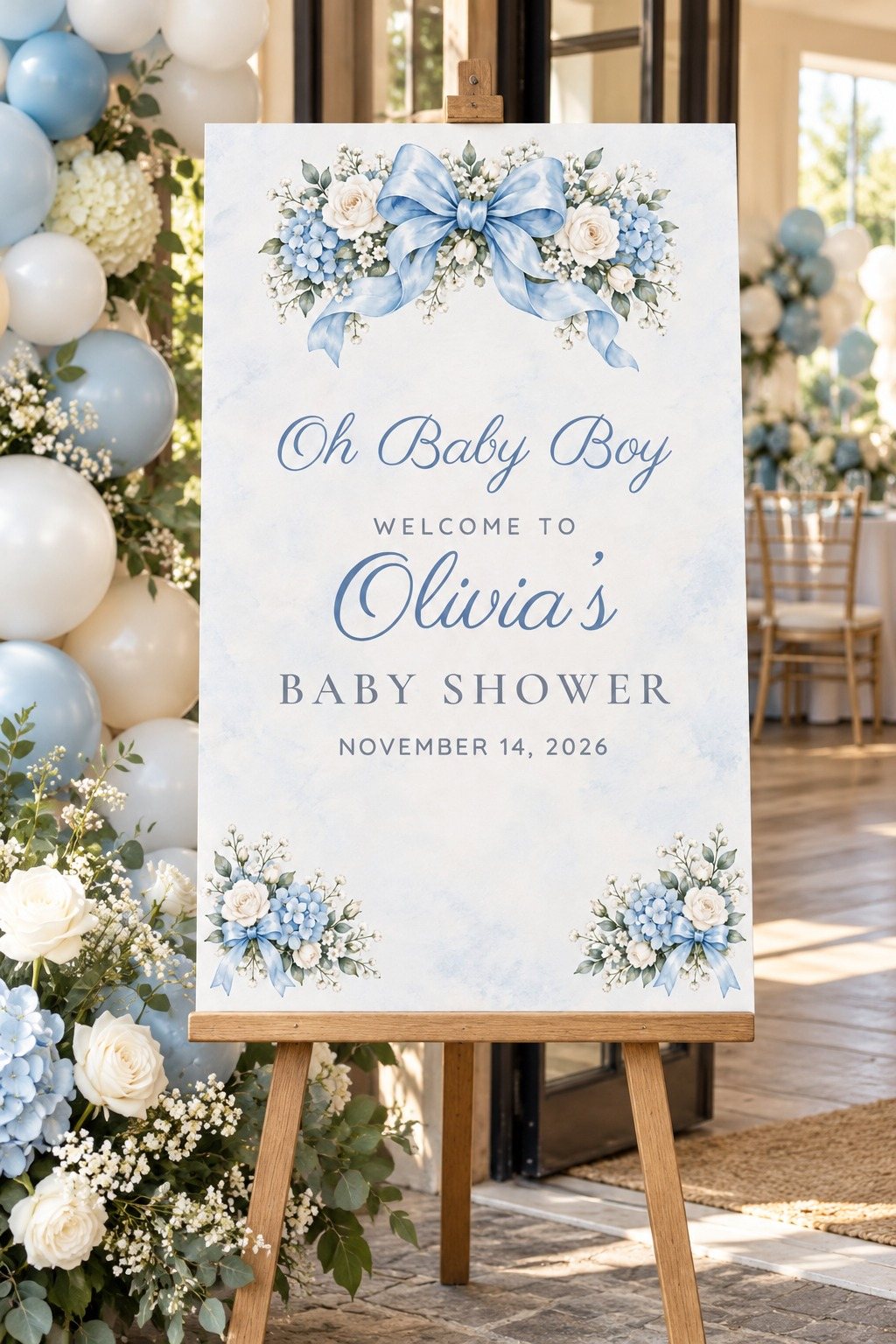 Oh Baby Boy Blue Bow baby shower welcome sign on an easel