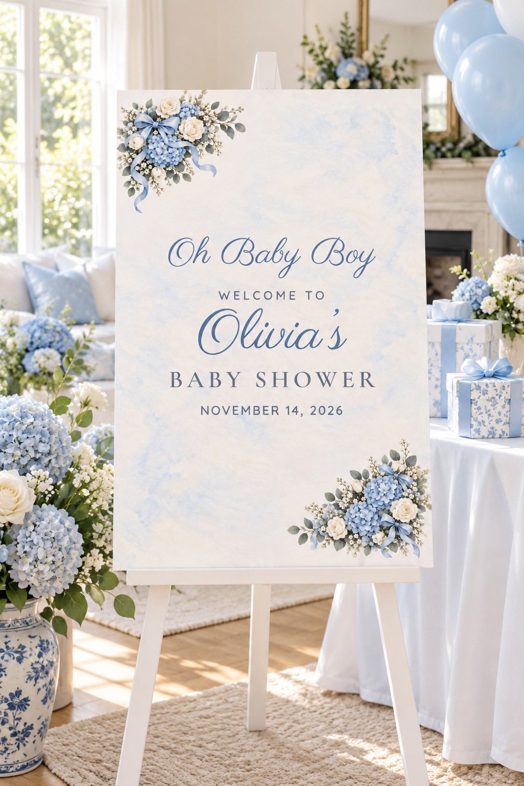 Oh Baby Boy Floral Corner baby shower welcome sign on an easel