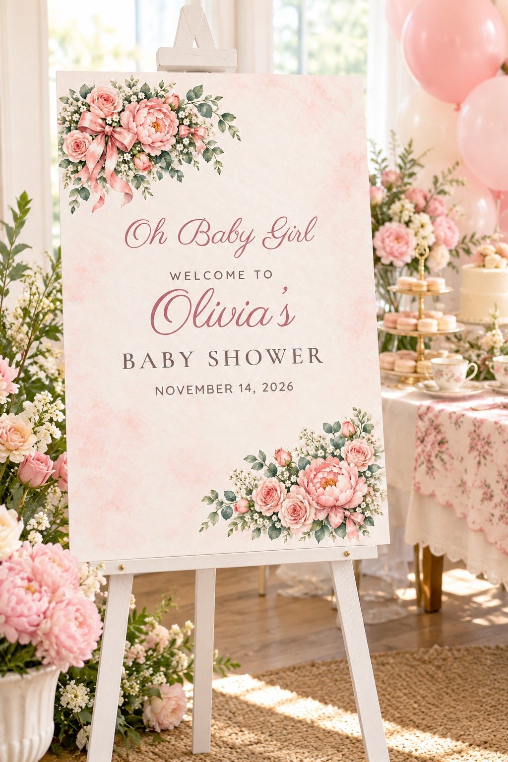 Oh Baby Girl Floral Corner baby shower welcome sign on an easel