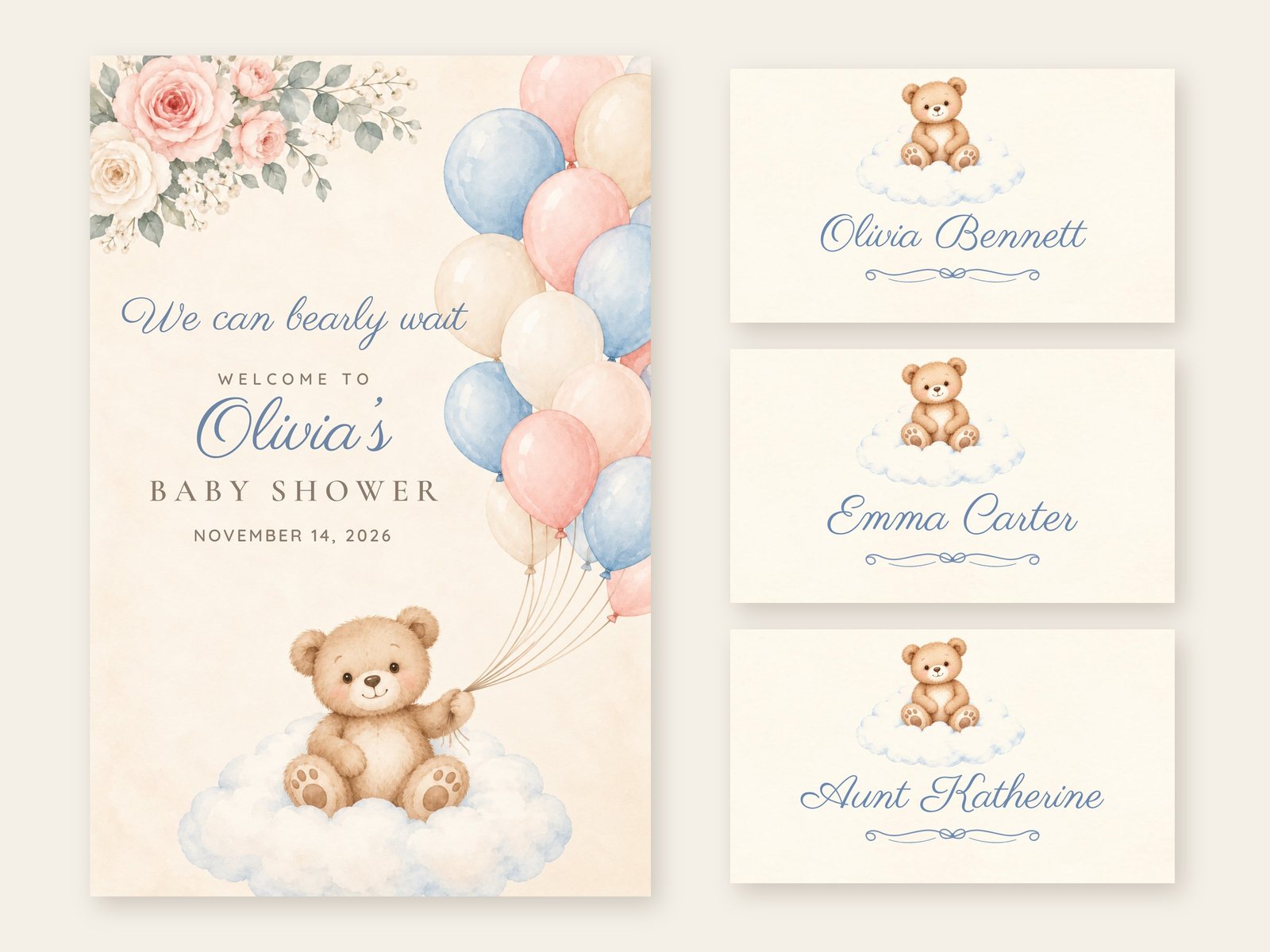 We Can Bearly Wait Bear on a Cloud welcome sign with matching name tents