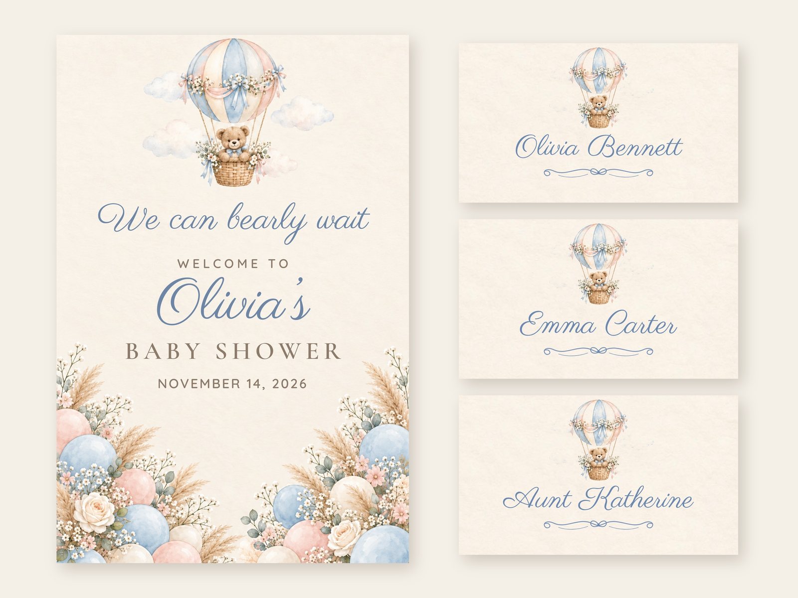 We Can Bearly Wait Hot Air Balloon welcome sign with matching name tents