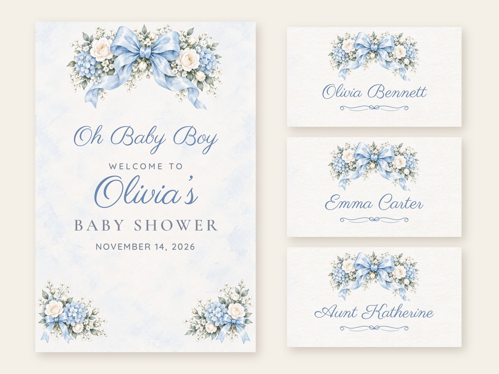 Oh Baby Boy Blue Bow welcome sign with matching name tents