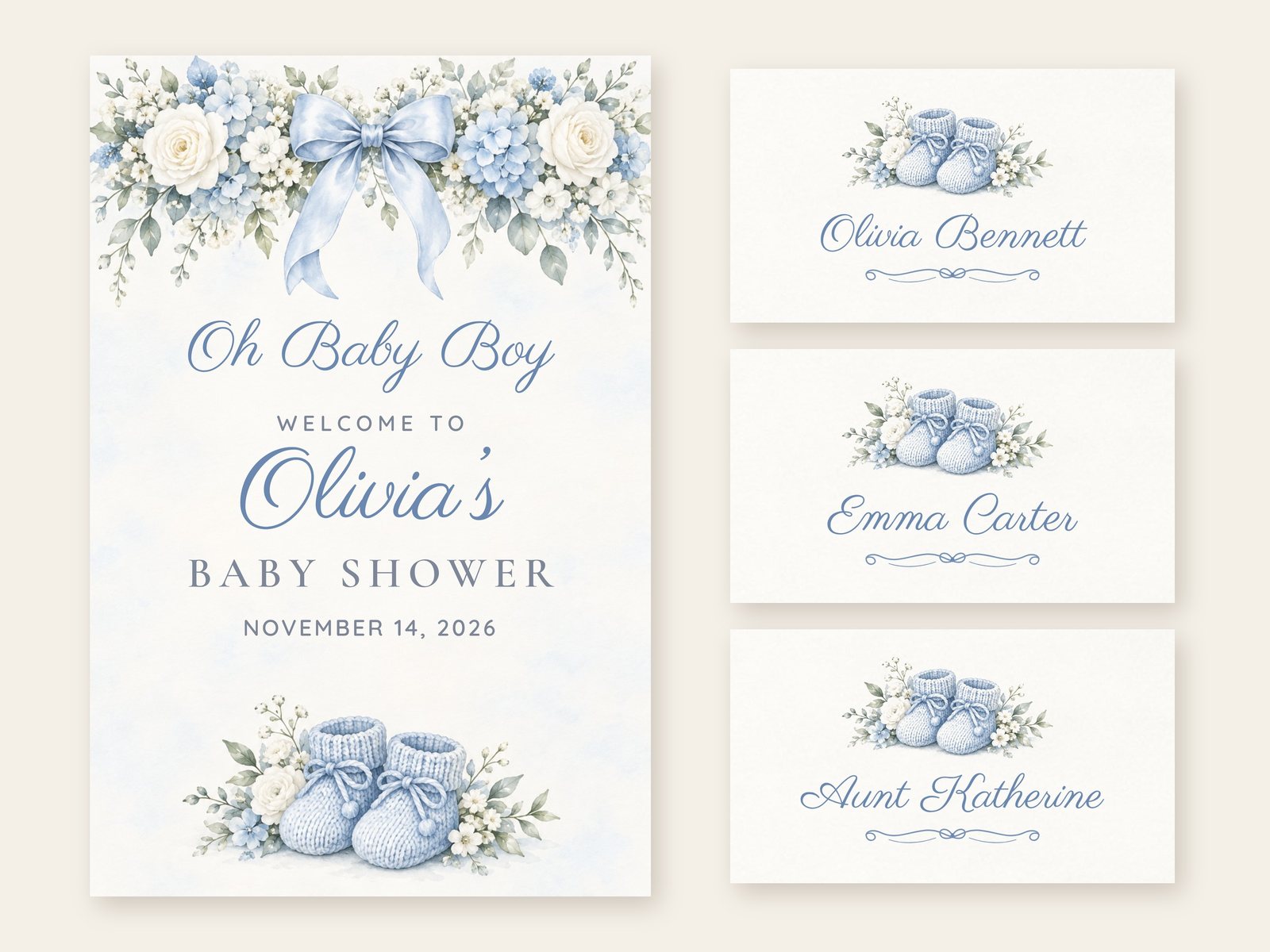 Oh Baby Boy Baby Booties welcome sign with matching name tents