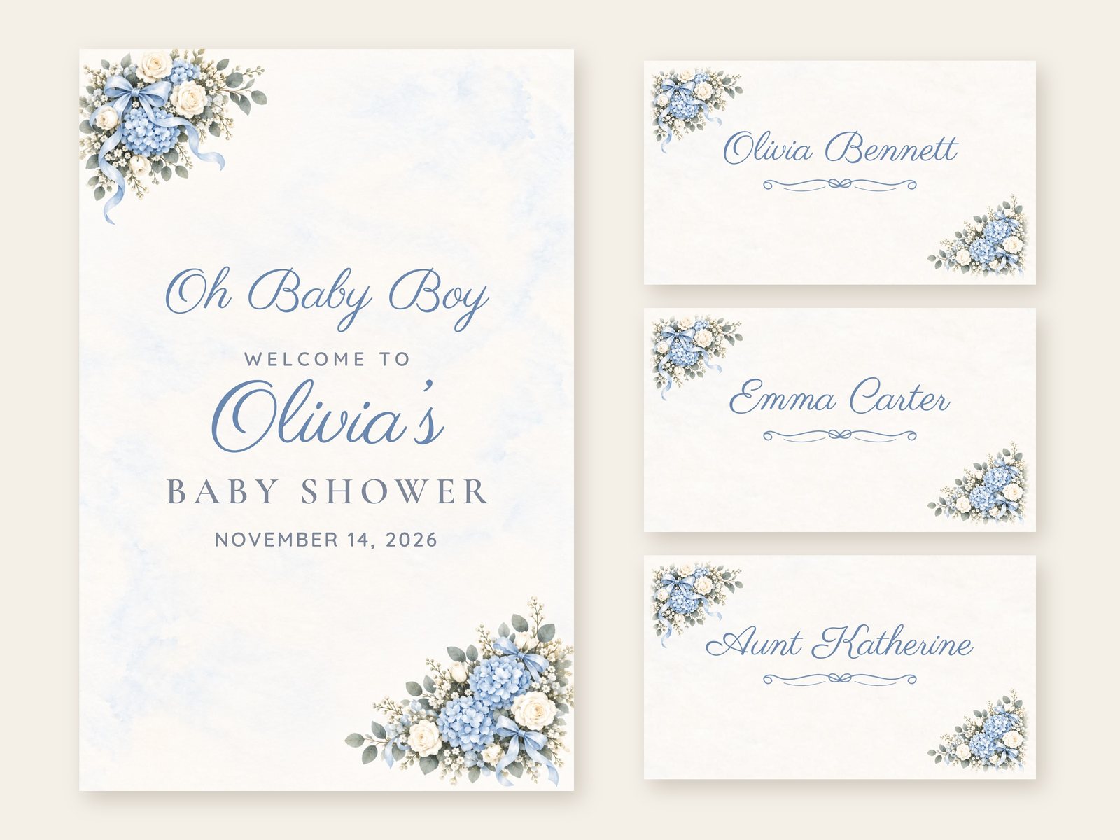 Oh Baby Boy Floral Corner welcome sign with matching name tents