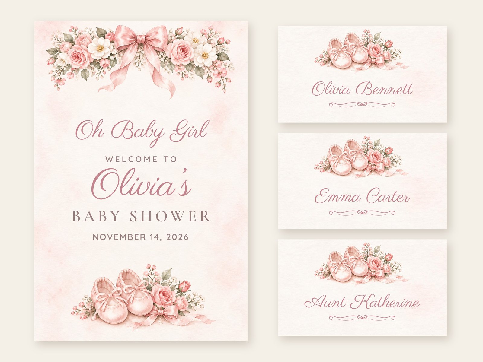 Oh Baby Girl Ballet Shoes welcome sign with matching name tents