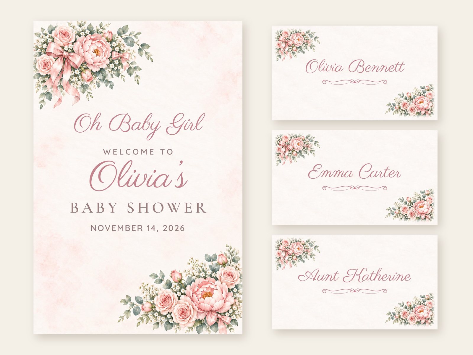 Oh Baby Girl Floral Corner welcome sign with matching name tents