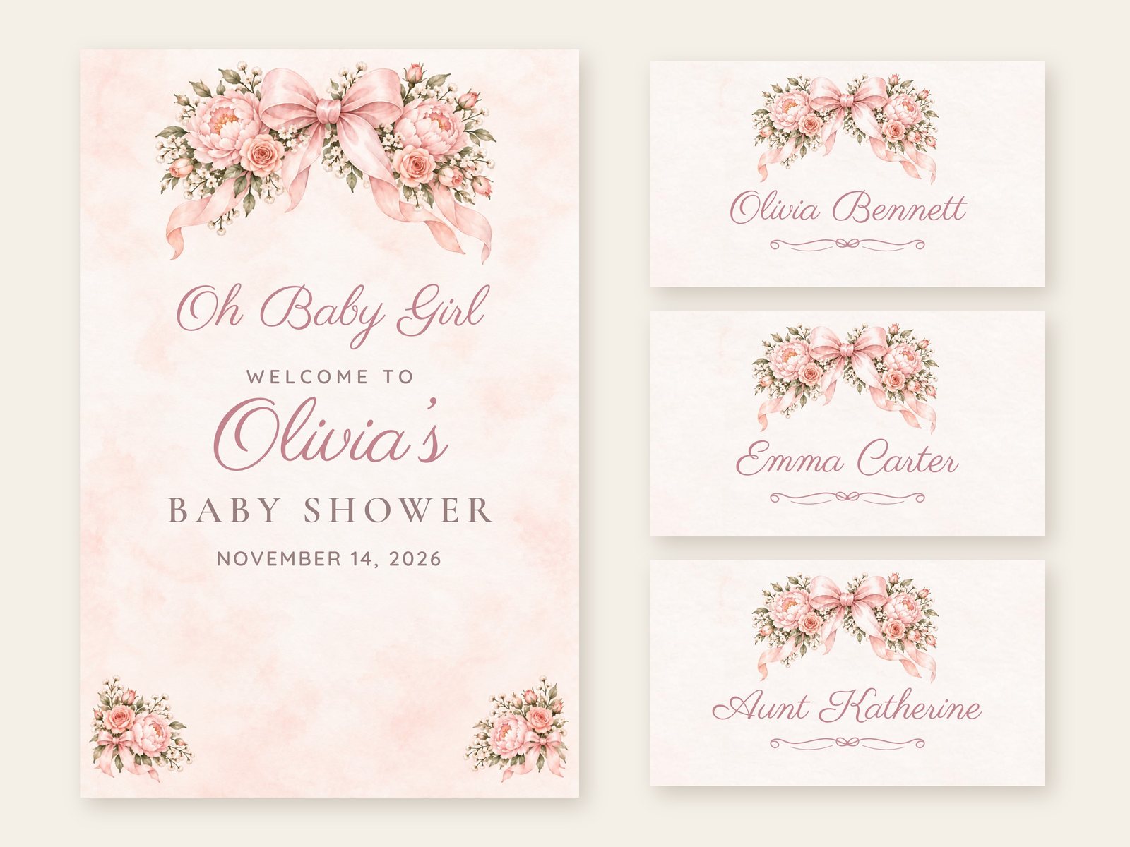 Oh Baby Girl Pink Bow welcome sign with matching name tents