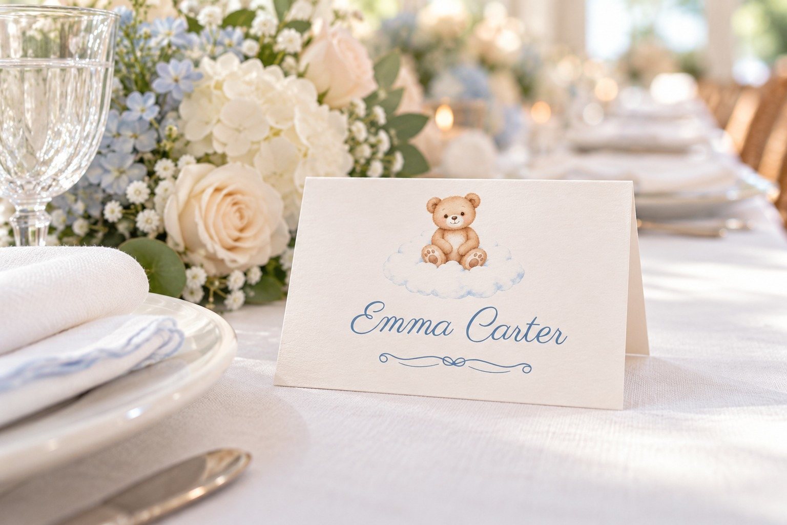 We Can Bearly Wait Bear on a Cloud name tent at a baby shower luncheon