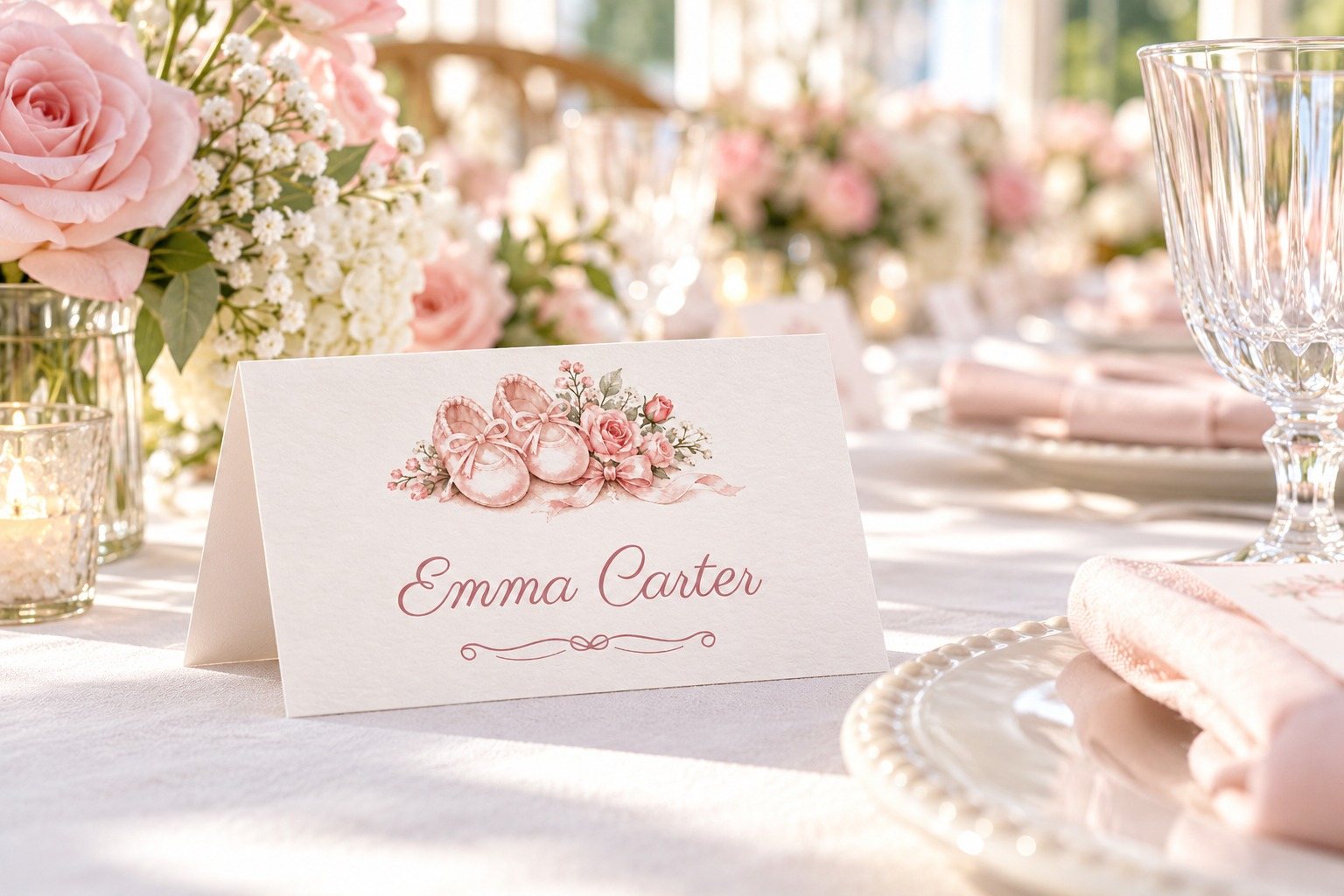 Oh Baby Girl Ballet Shoes name tent at a baby shower luncheon