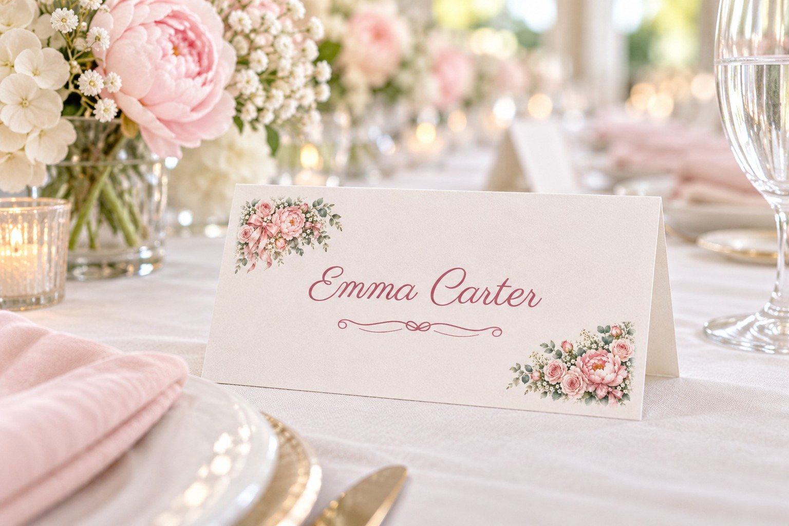 Oh Baby Girl Floral Corner name tent at a baby shower luncheon