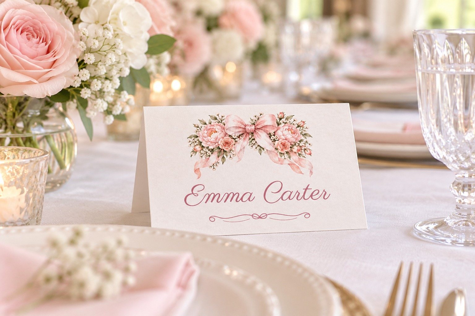 Oh Baby Girl Pink Bow name tent at a baby shower luncheon