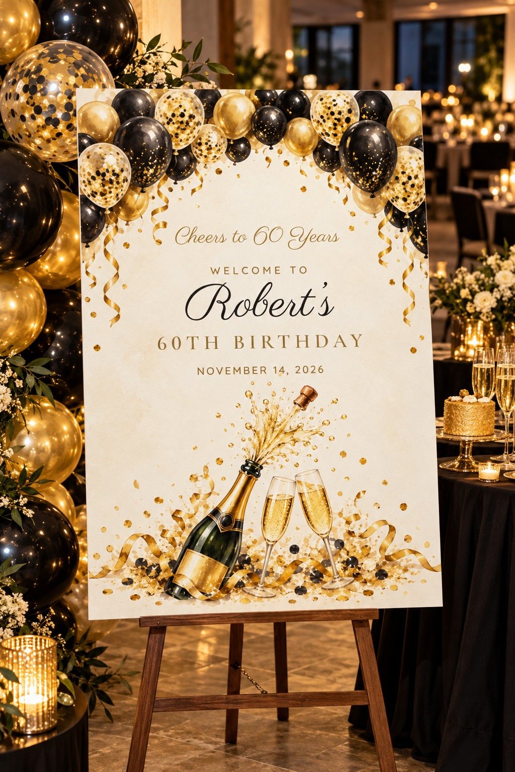 Cheers Balloon Arch birthday welcome sign on an easel