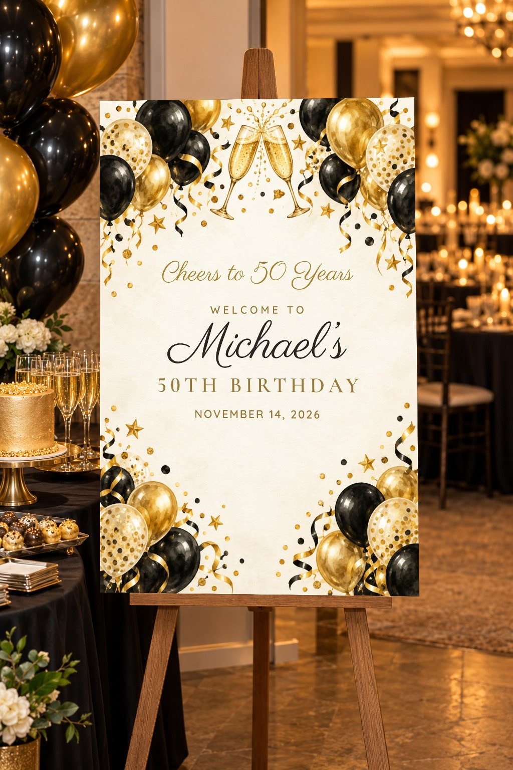 Cheers Balloons birthday welcome sign on an easel