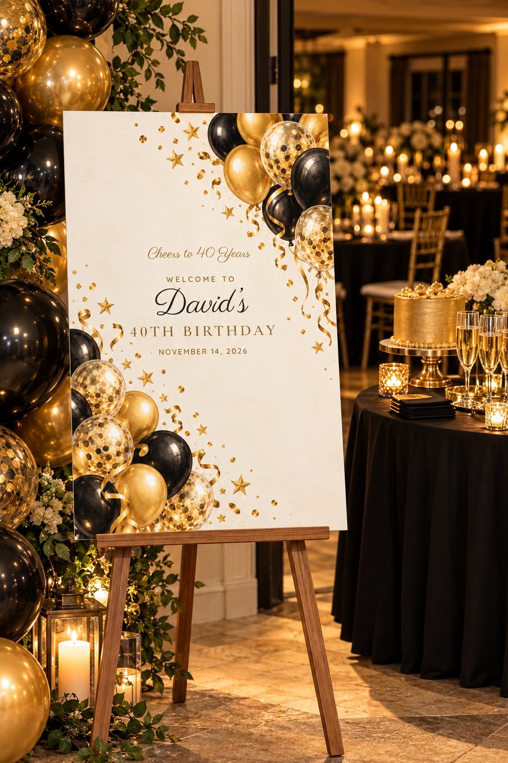 Cheers Gold Balloons birthday welcome sign on an easel