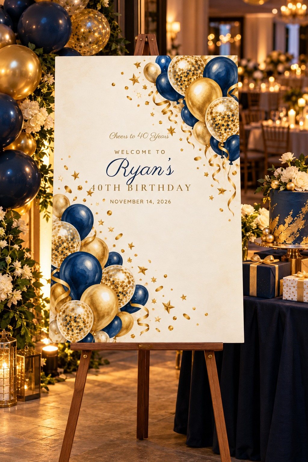 Cheers Navy Navy and Gold birthday welcome sign on an easel