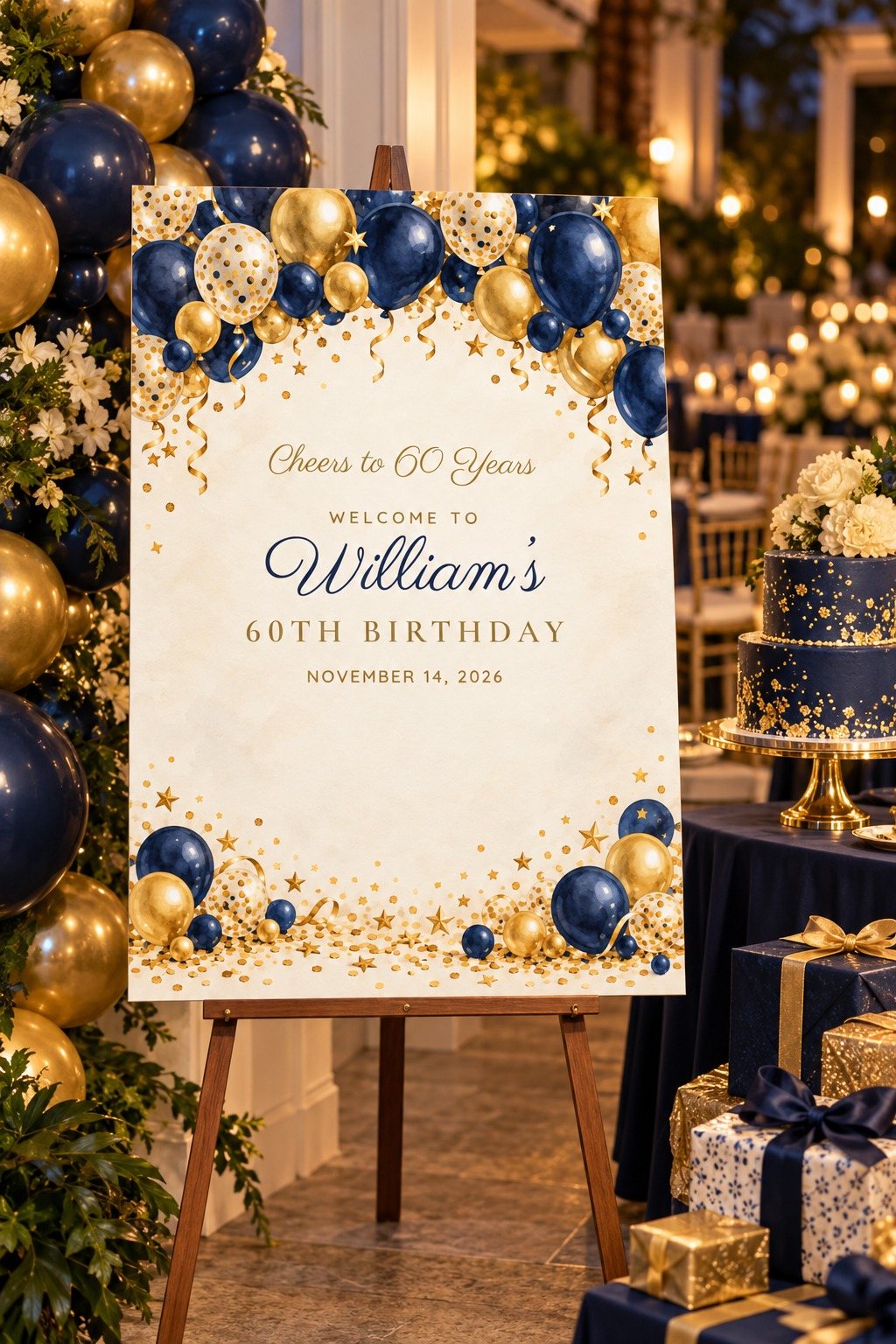 Cheers Navy Navy Balloon Arch birthday welcome sign on an easel