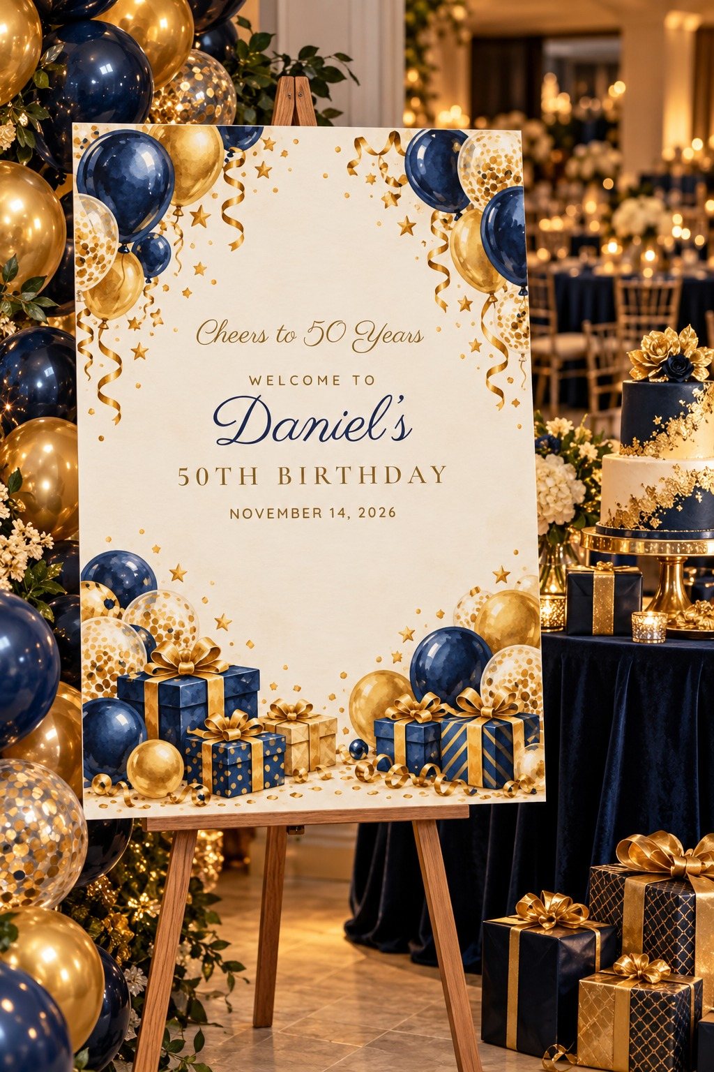 Cheers Navy Navy Balloons birthday welcome sign on an easel