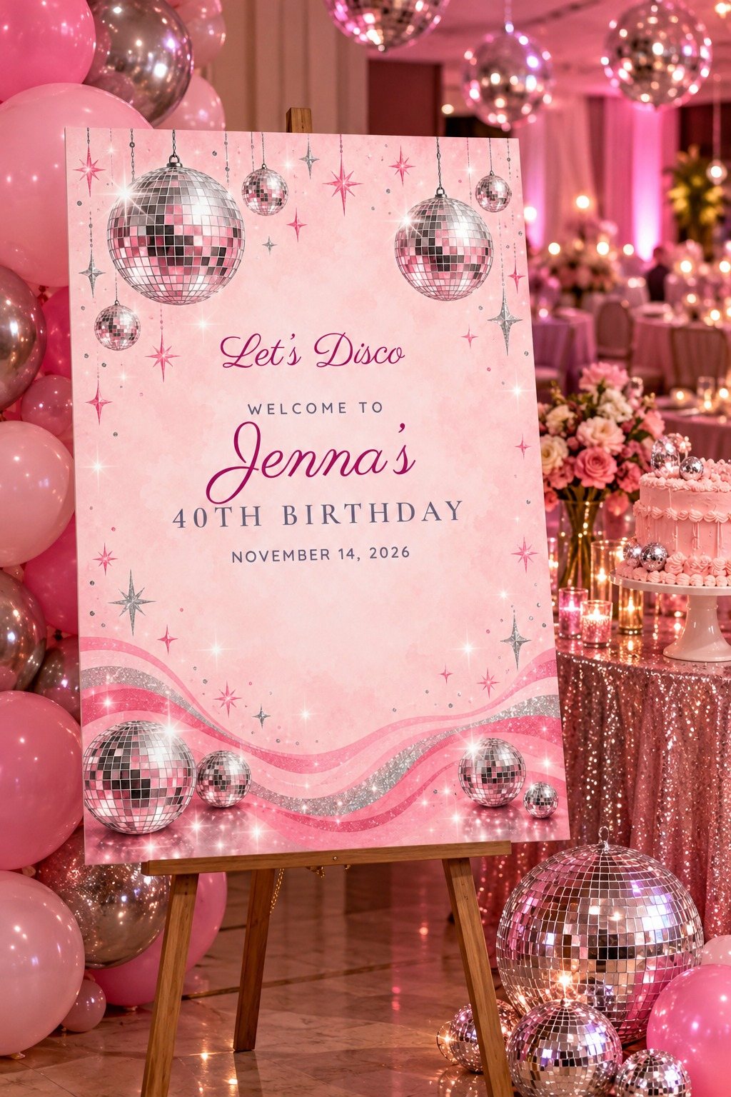Disco Disco Ball birthday welcome sign on an easel