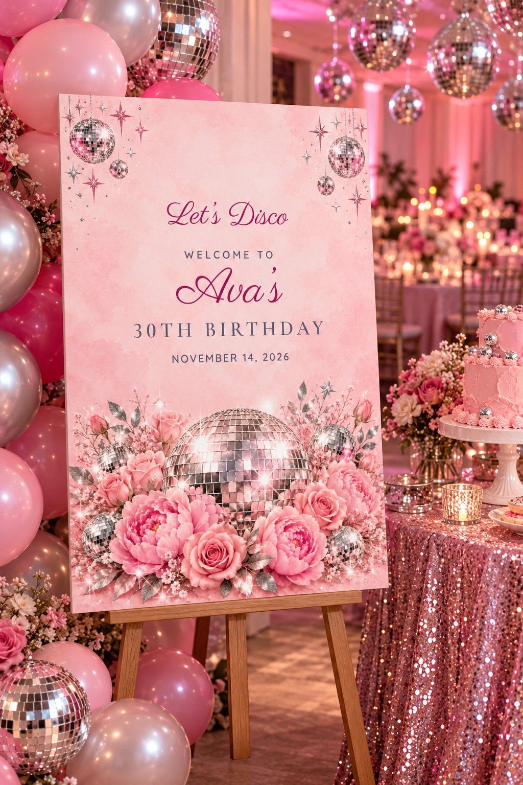 Disco Disco Roses birthday welcome sign on an easel