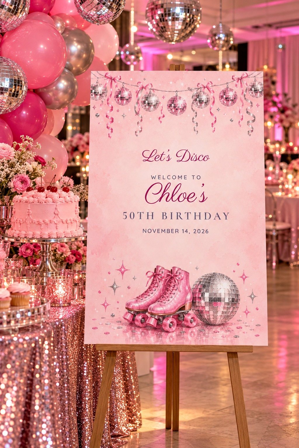 Disco Roller Skates birthday welcome sign on an easel