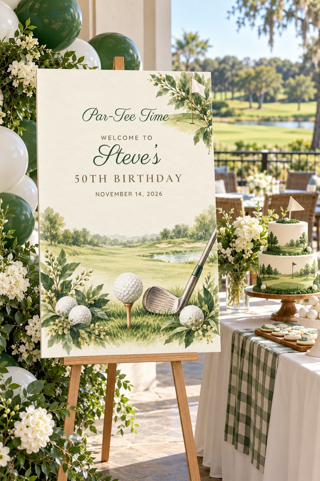 Par-Tee Time Ball and Tee birthday welcome sign on an easel