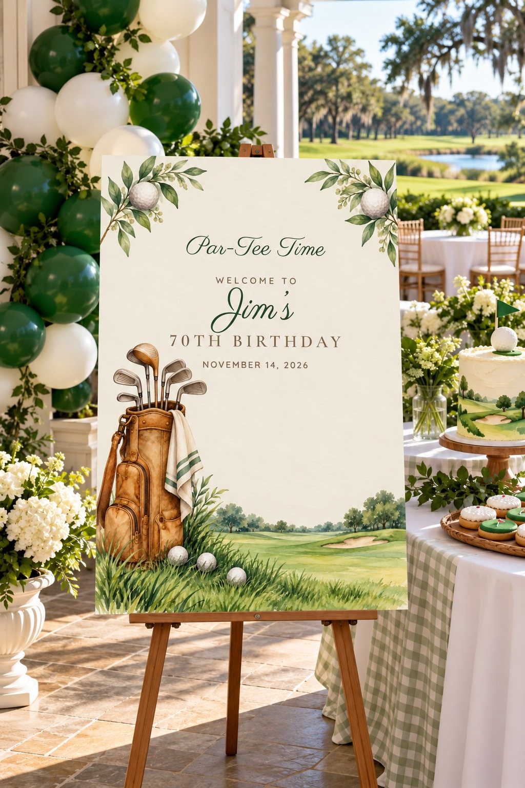 Par-Tee Time Golf Bag birthday welcome sign on an easel