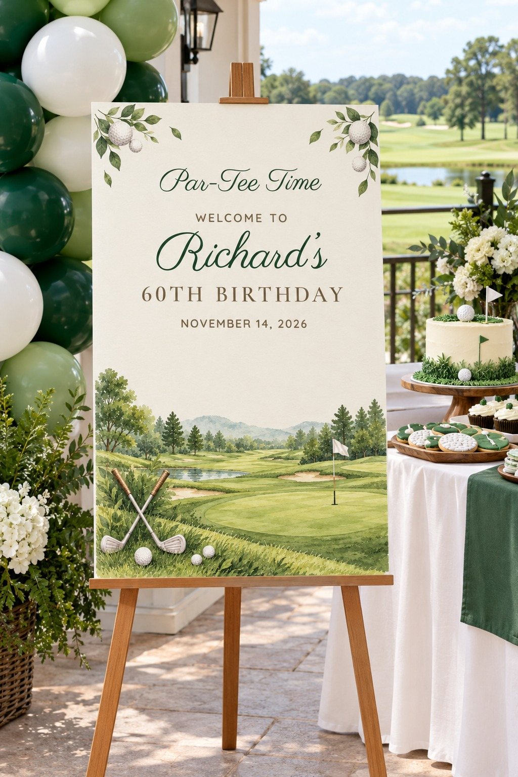 Par-Tee Time Golf birthday welcome sign on an easel