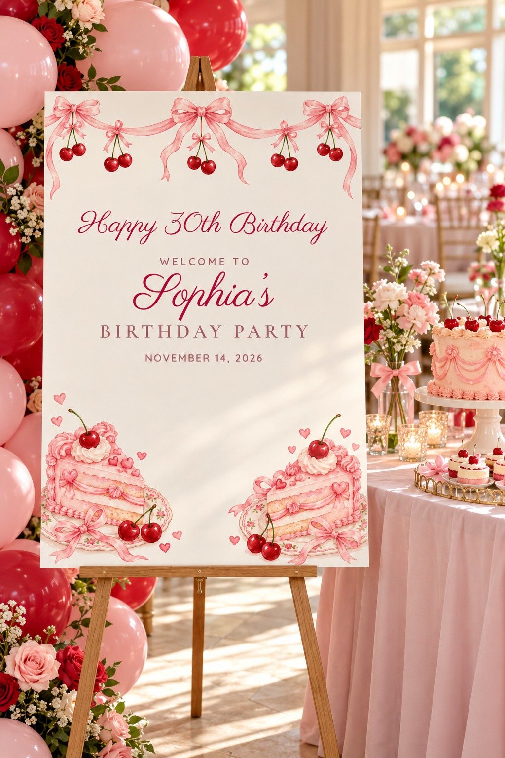 Vintage Cake Cherries and Bows birthday welcome sign on an easel