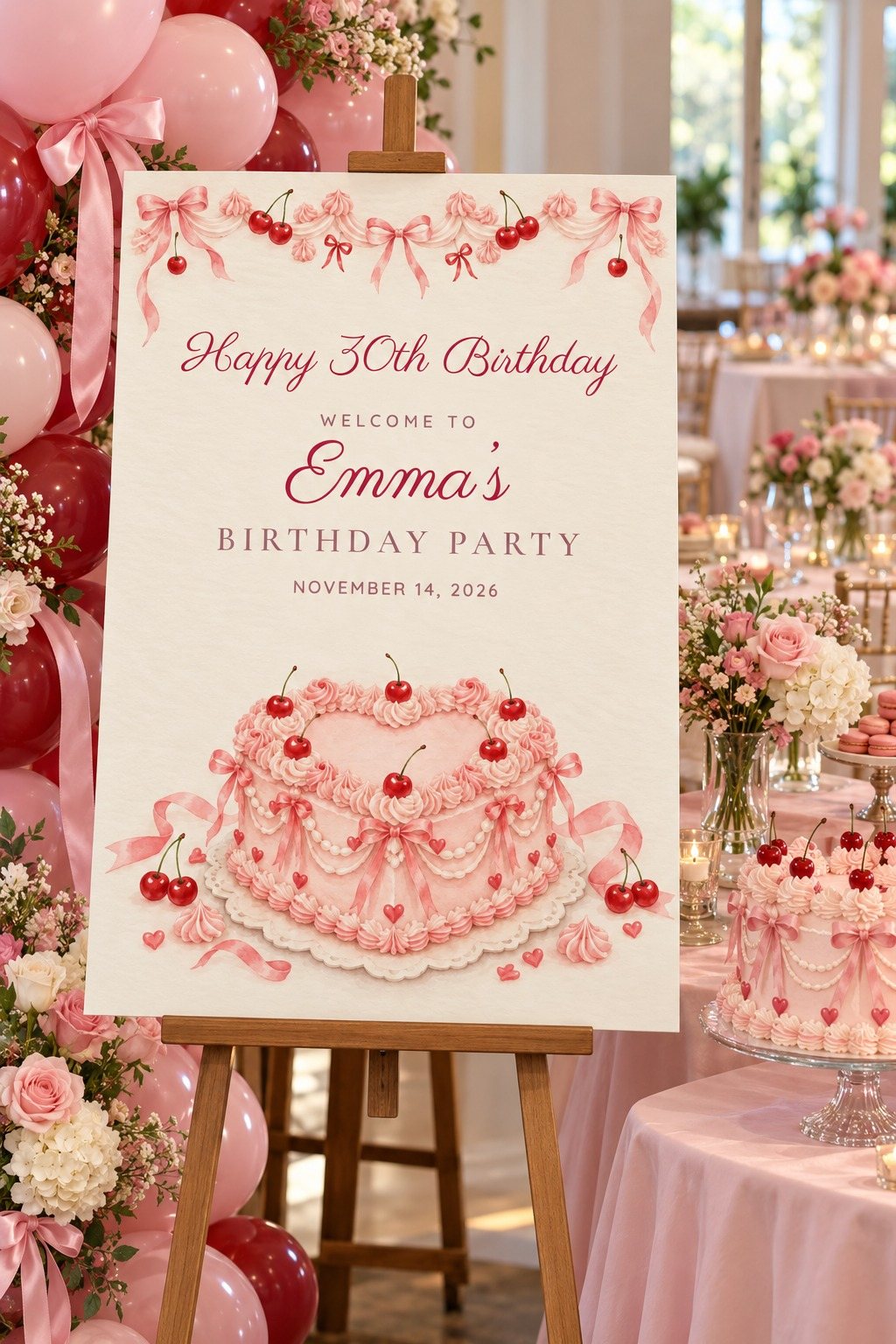 Vintage Cake Heart Cake birthday welcome sign on an easel