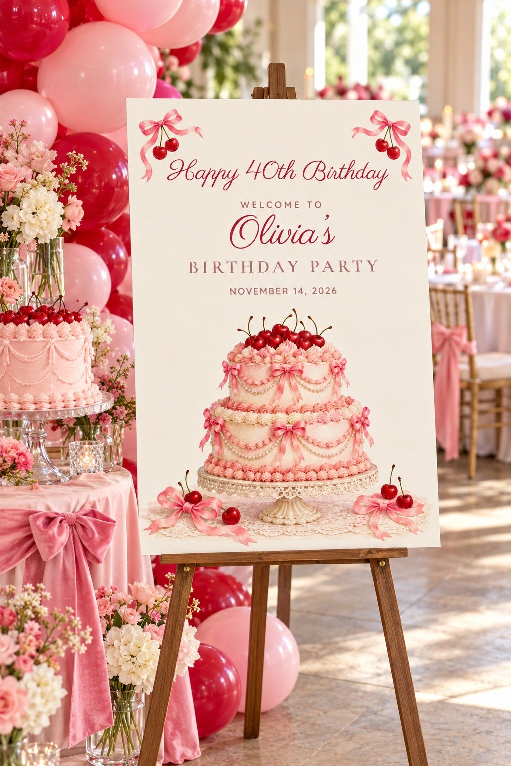 Vintage Cake Vintage Cake birthday welcome sign on an easel