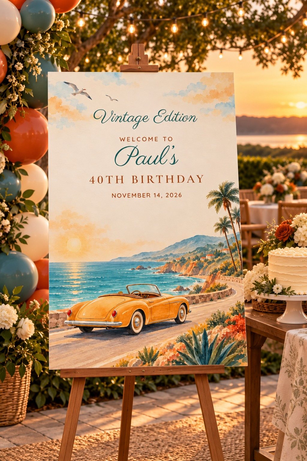 Vintage Edition Convertible birthday welcome sign on an easel