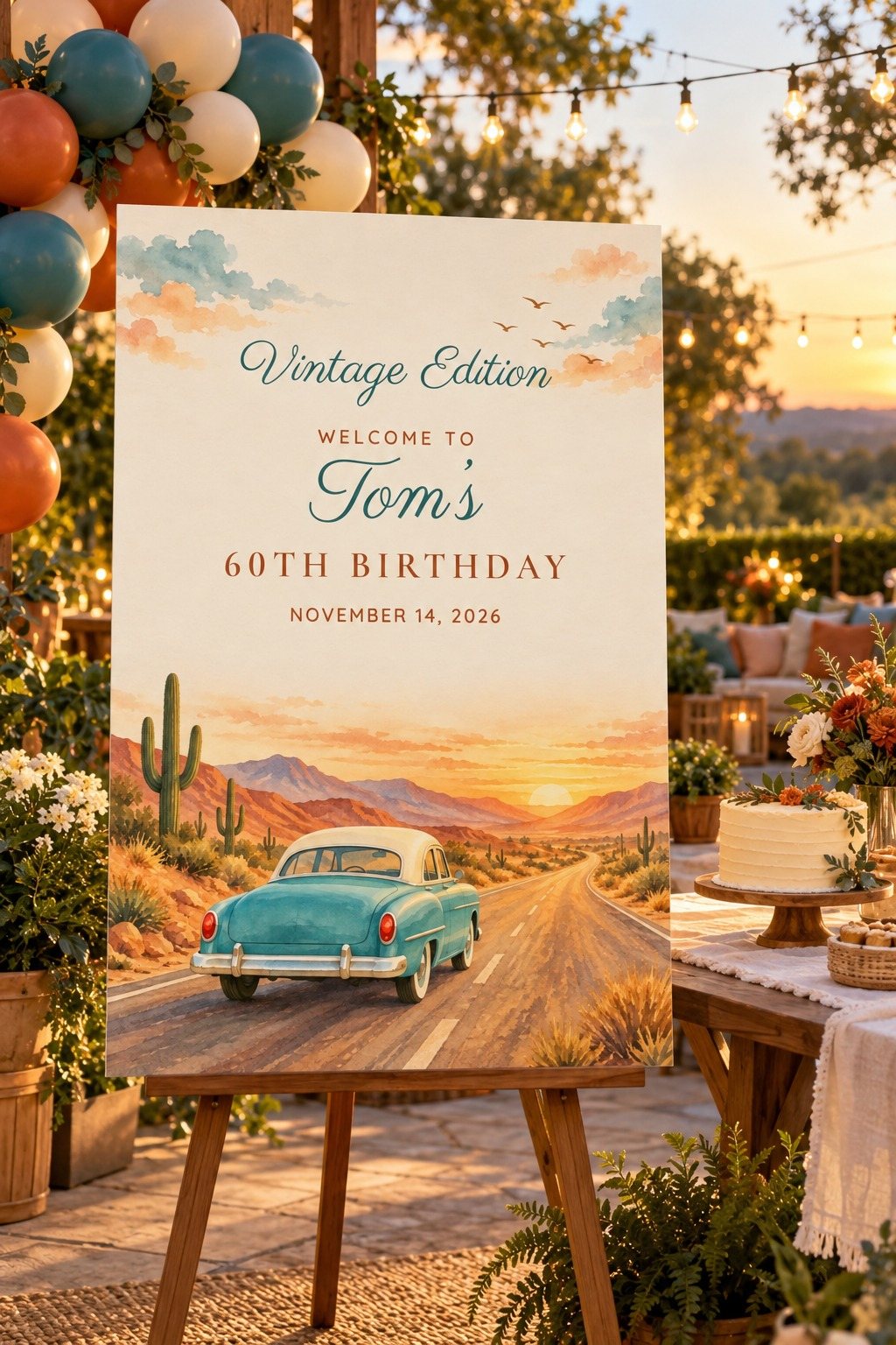 Vintage Edition Retro Car birthday welcome sign on an easel