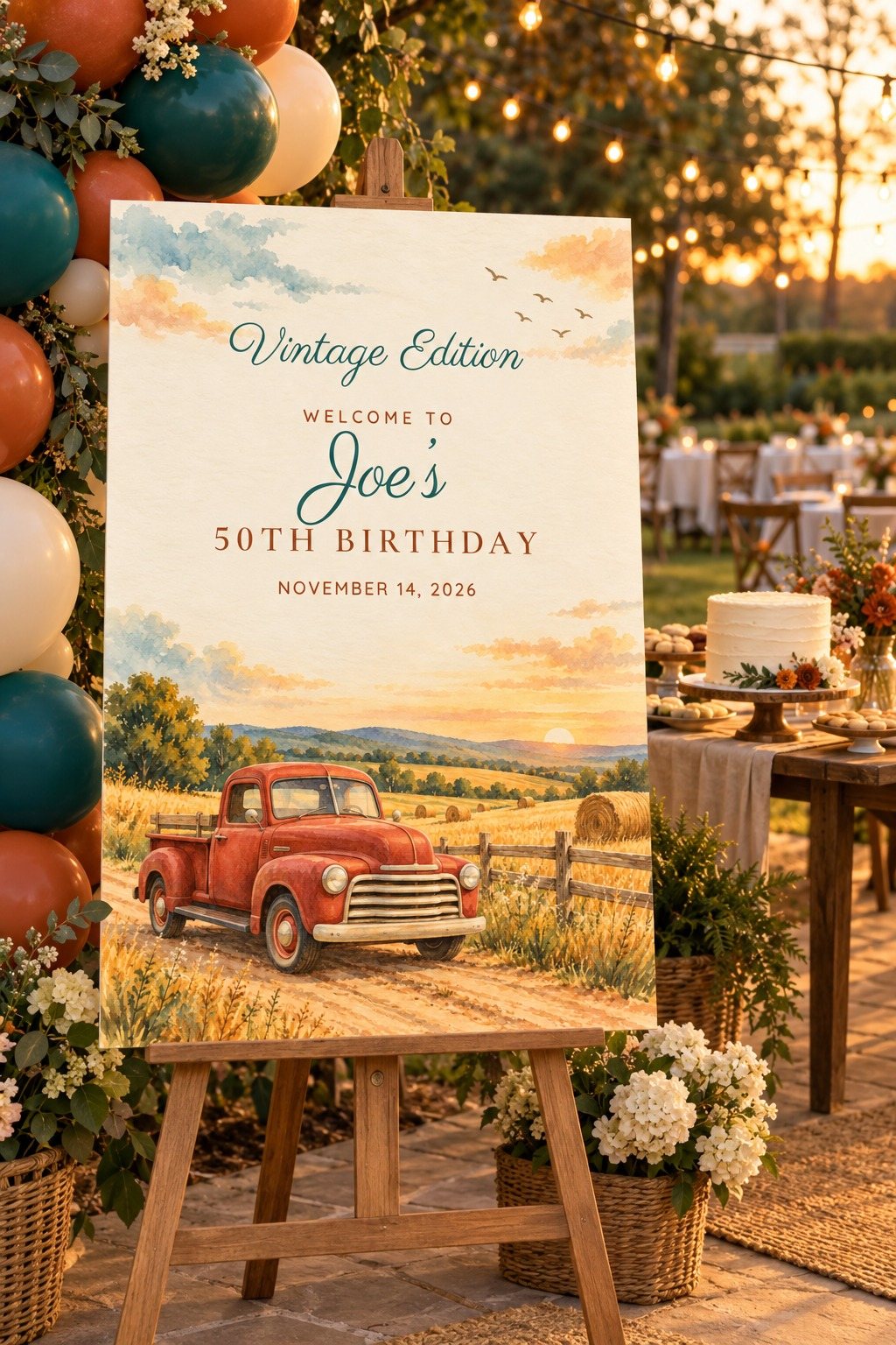 Vintage Edition Vintage Truck birthday welcome sign on an easel