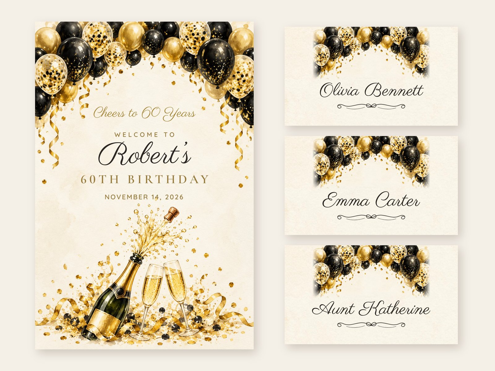 Cheers Balloon Arch welcome sign with matching name tents
