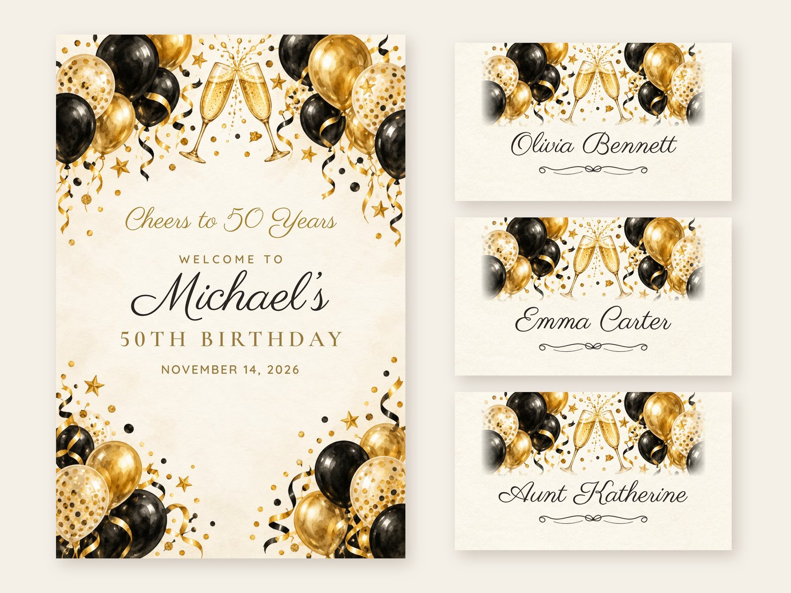 Cheers Balloons welcome sign with matching name tents