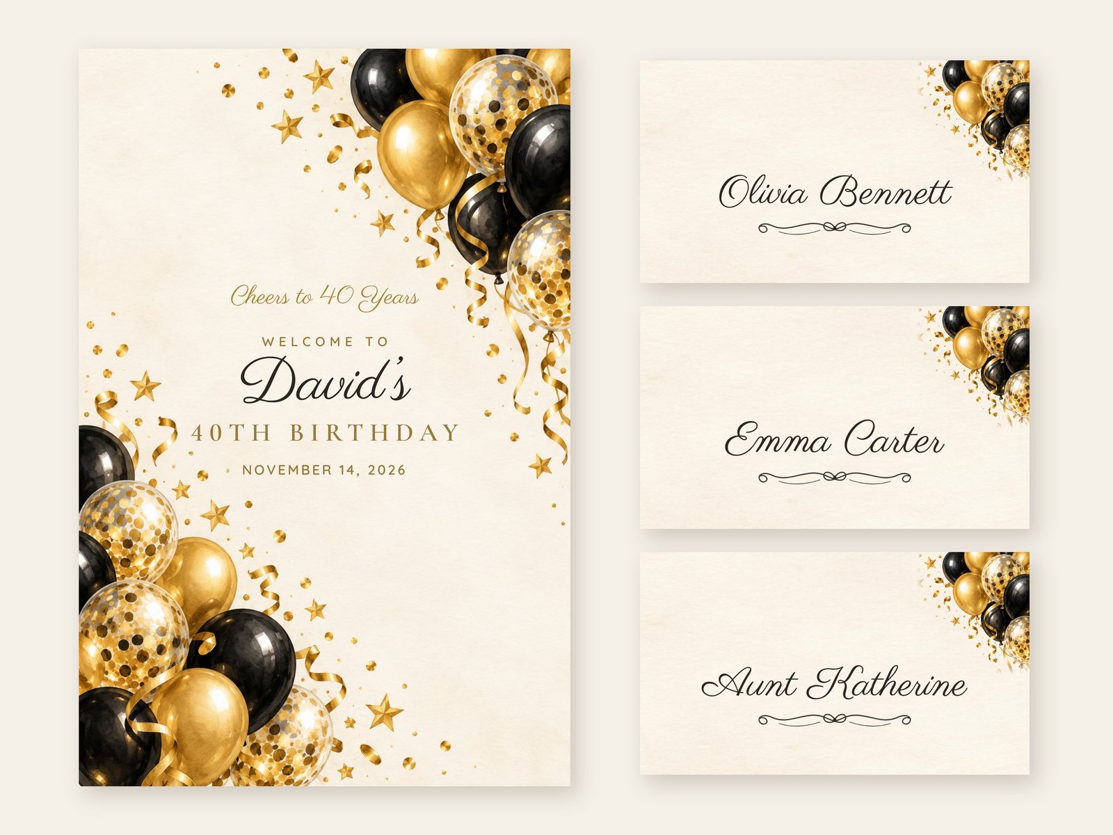 Cheers Gold Balloons welcome sign with matching name tents
