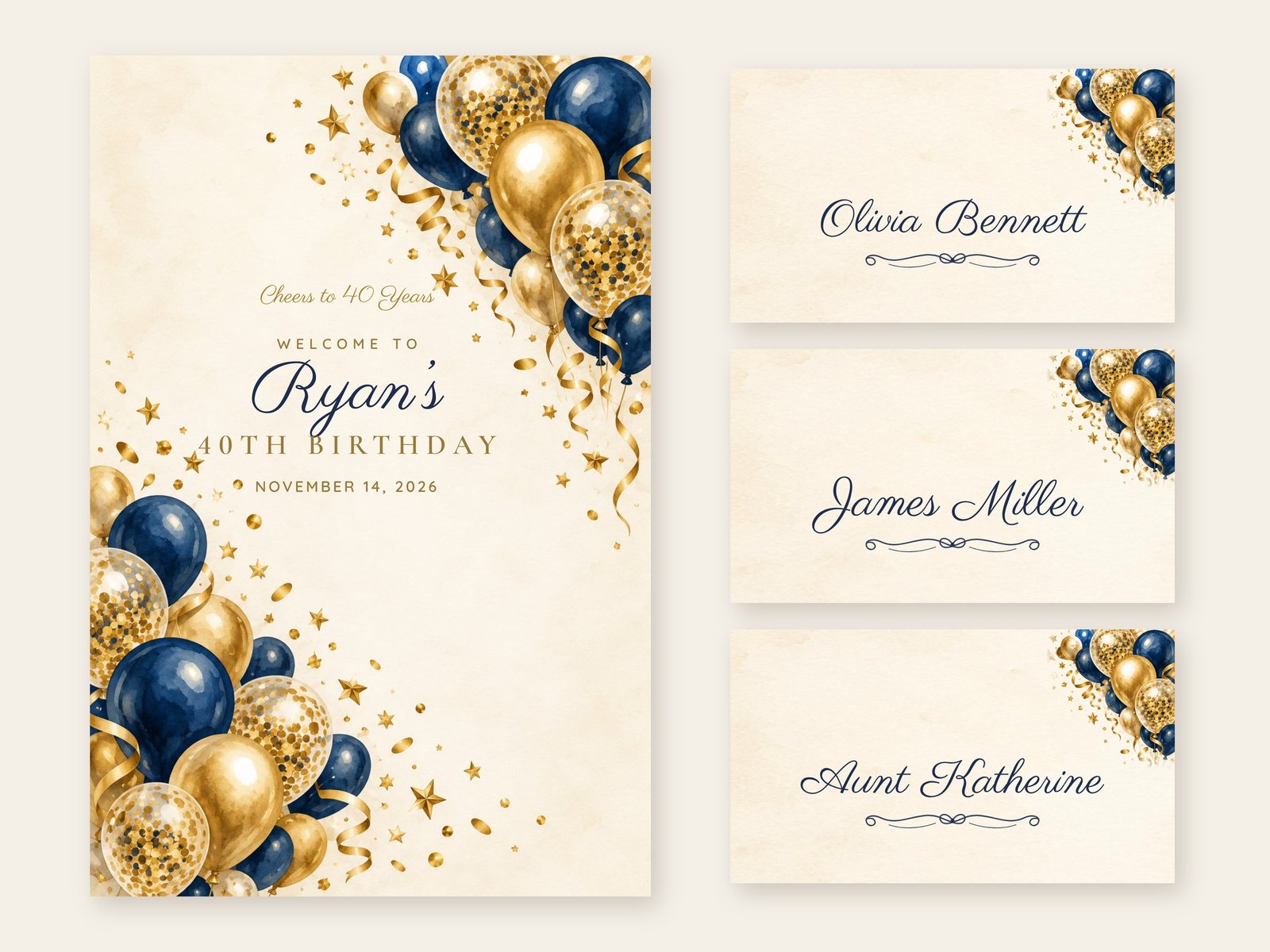 Cheers Navy Navy and Gold welcome sign with matching name tents