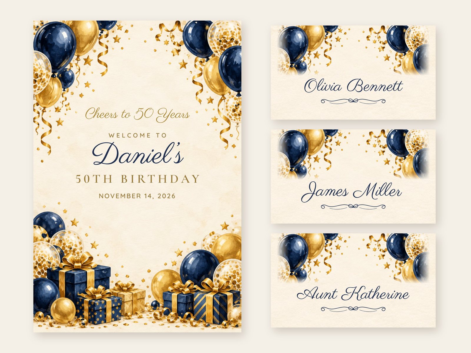 Cheers Navy Navy Balloons welcome sign with matching name tents