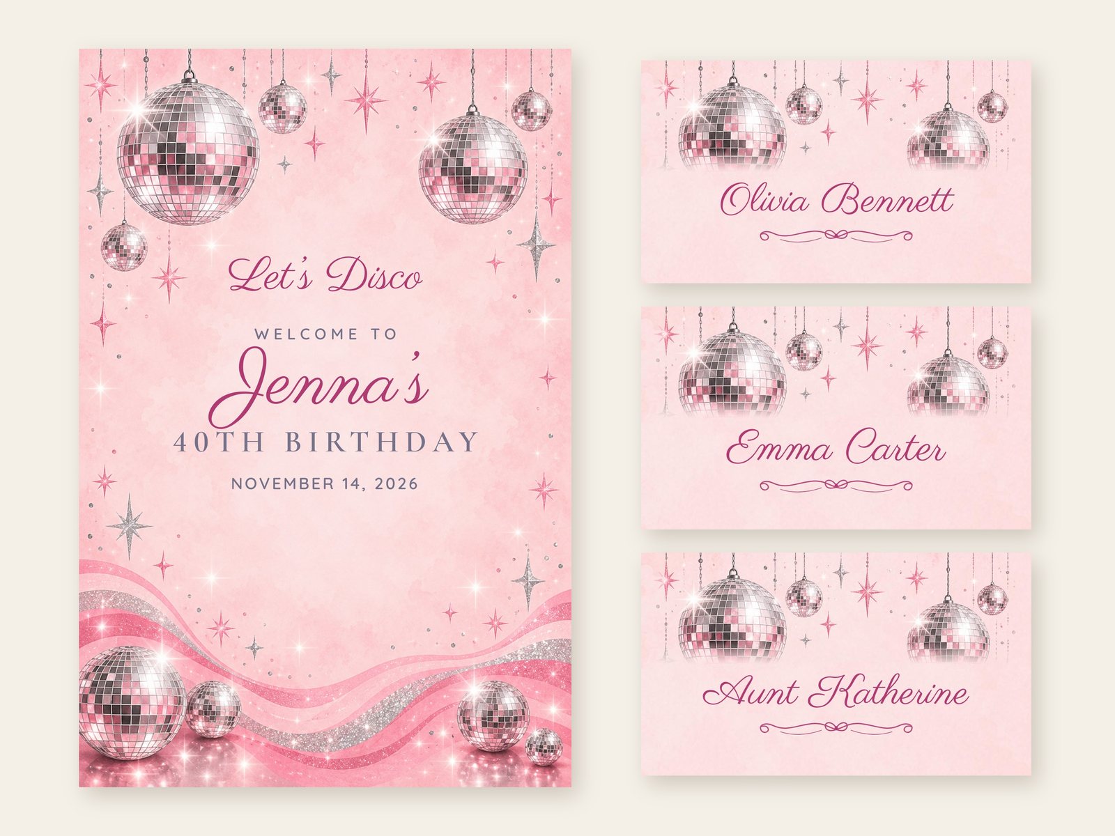 Disco Disco Ball welcome sign with matching name tents