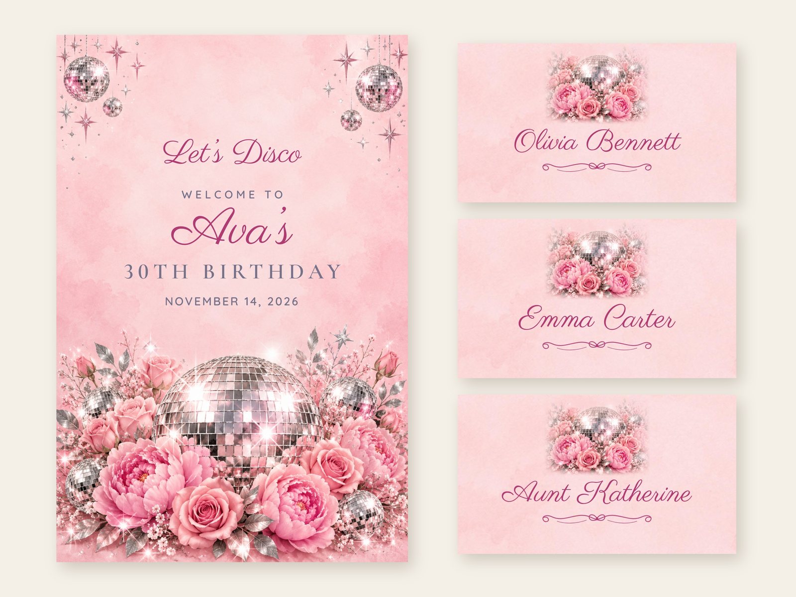 Disco Disco Roses welcome sign with matching name tents