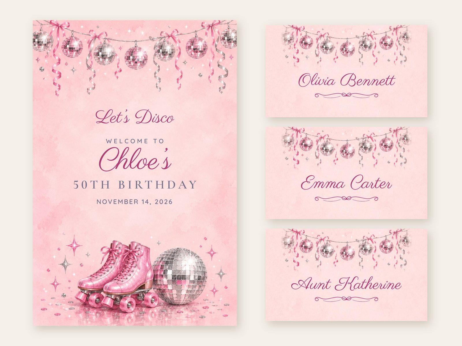 Disco Roller Skates welcome sign with matching name tents
