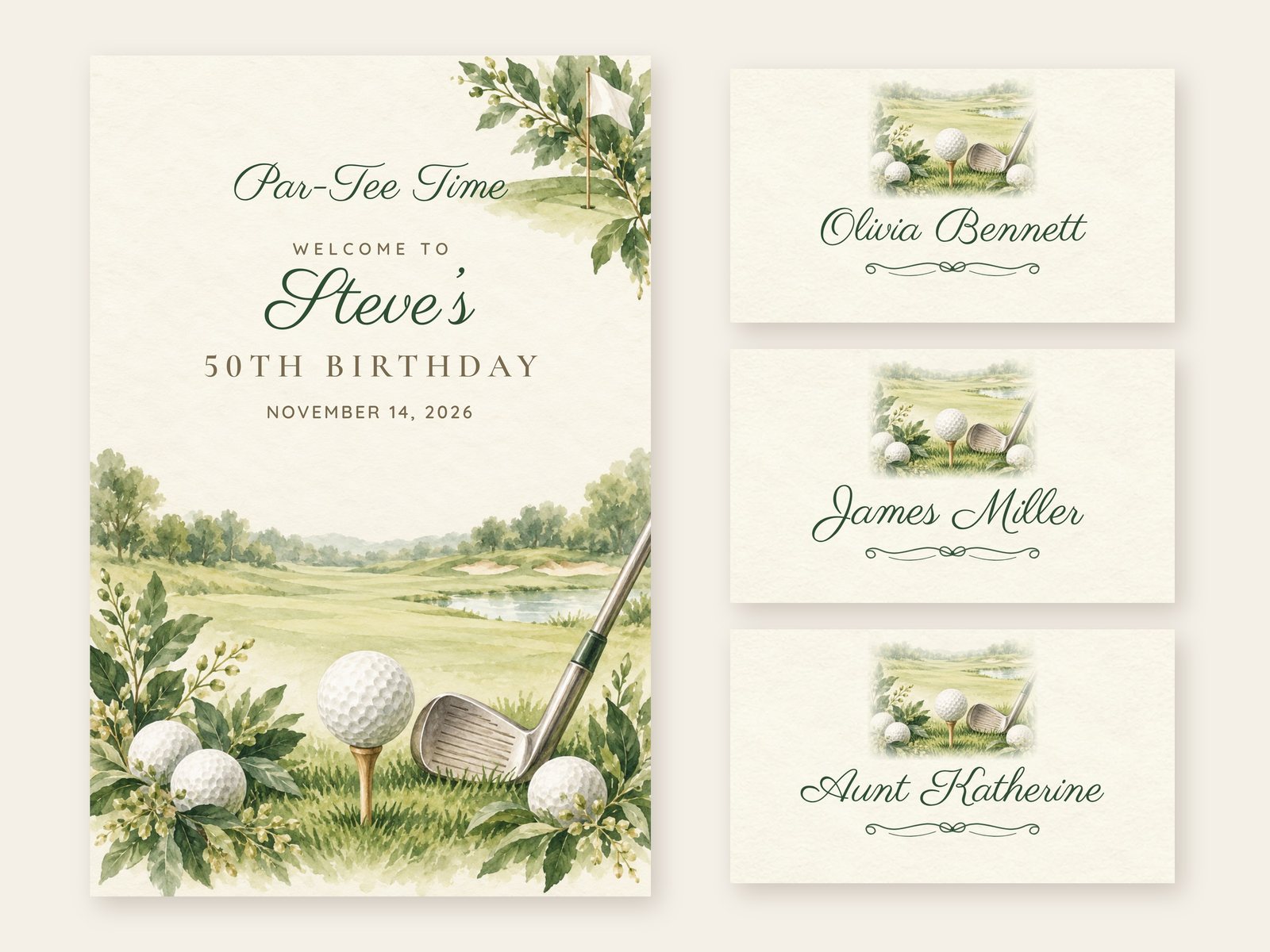 Par-Tee Time Ball and Tee welcome sign with matching name tents