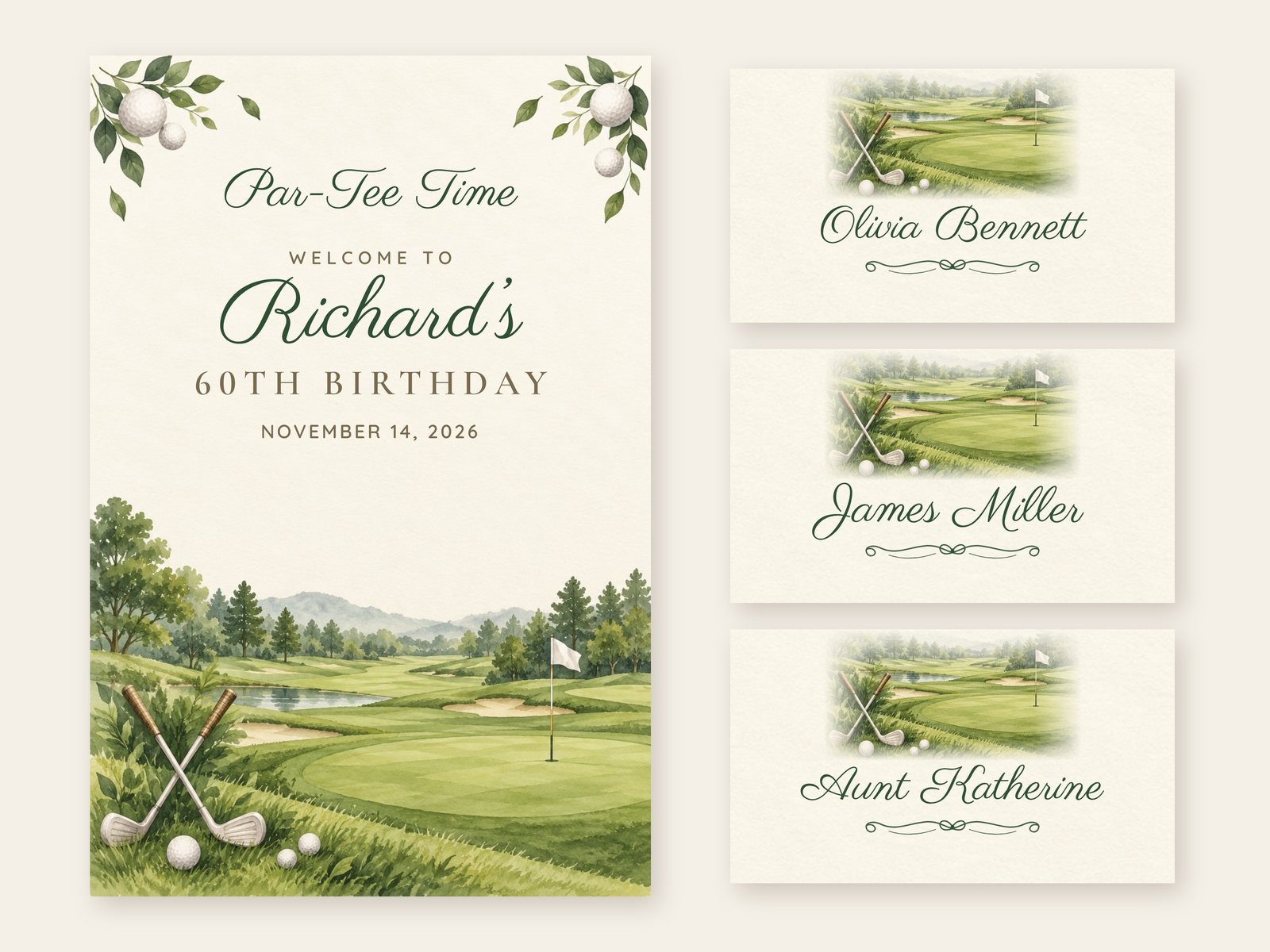 Par-Tee Time Golf welcome sign with matching name tents