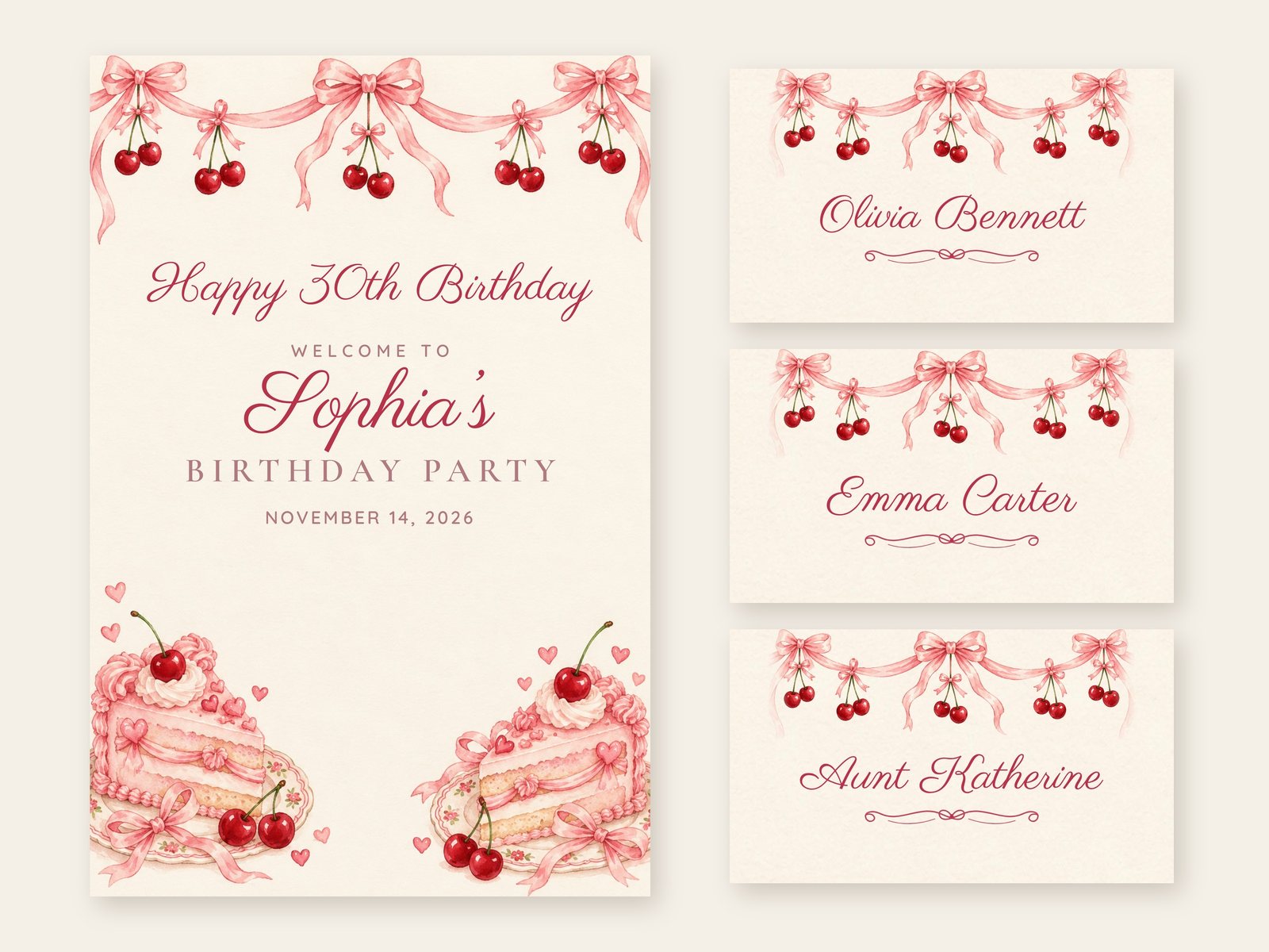 Vintage Cake Cherries and Bows welcome sign with matching name tents