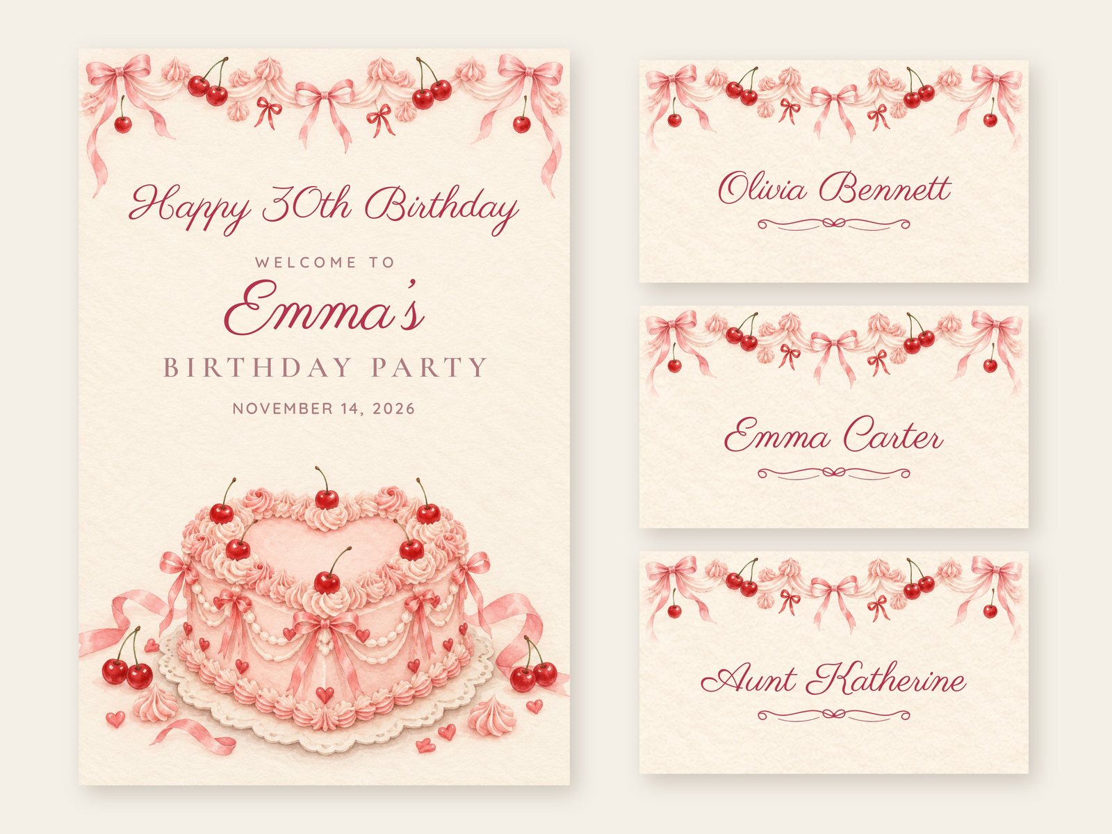 Vintage Cake Heart Cake welcome sign with matching name tents