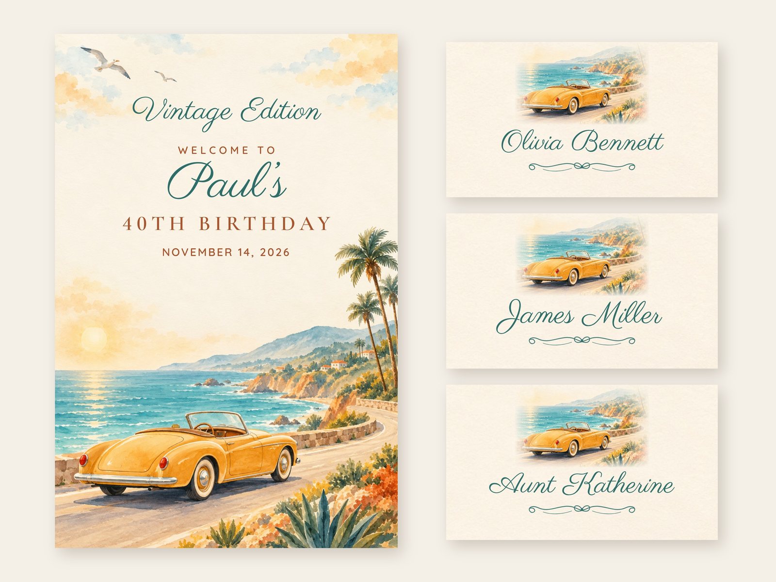 Vintage Edition Convertible welcome sign with matching name tents