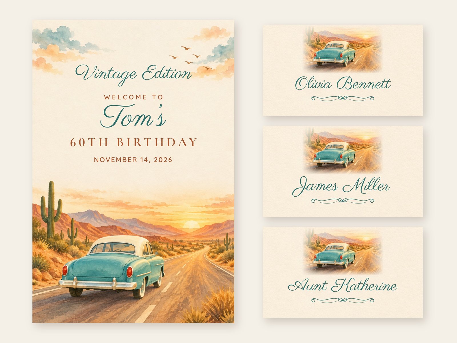 Vintage Edition Retro Car welcome sign with matching name tents