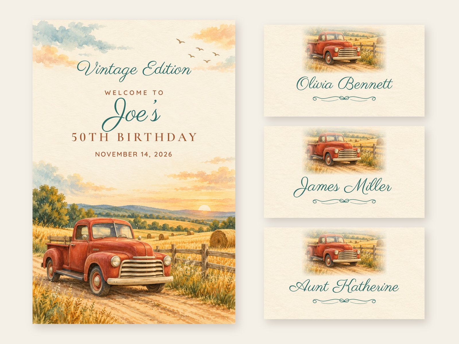 Vintage Edition Vintage Truck welcome sign with matching name tents